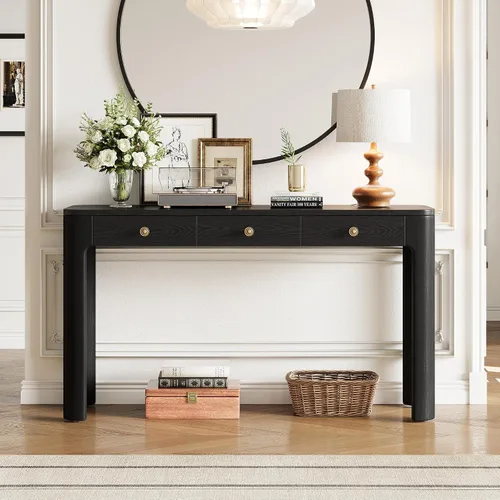 Miniatura 29 de 50" Modern Art Sculptural Console Table, Oval Cutout Legs, Wood Veneer, Thick Rounded Tabletop, Contemporary Entryway Sofa Table for Living Room
