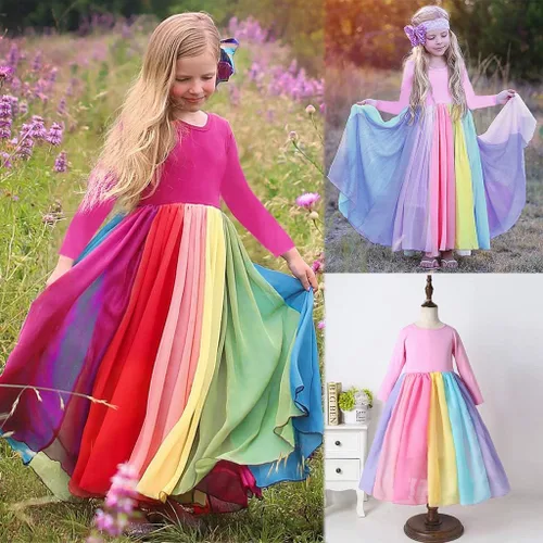 Miniatura 7 de Vestido de princesa para niños y niñas de 1 a 5 años de edad con empalme de arcoíris