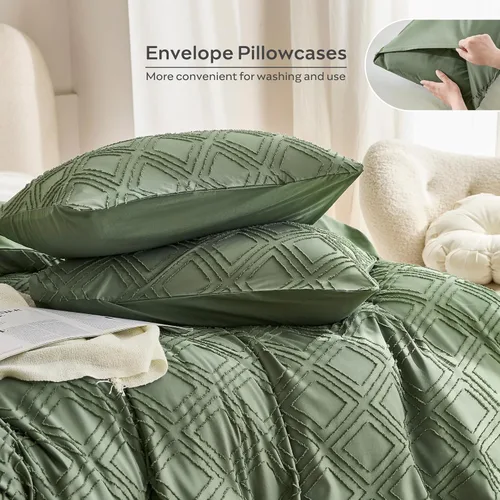 Miniatura 5 de JELLYMONI Funda de edredón tamaño individual verde - Juego de 3 piezas de funda de edredón boho a cuadros de poliéster con mechones, tejido jacquard