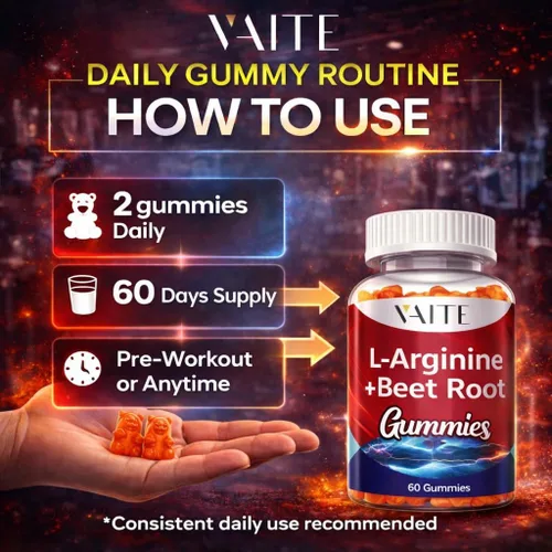 Miniatura 5 de VAITE Gomitas de raíz de remolacha con suplemento de arginina, doble fuerza, impulso de energía, apoyo a la circulación y resistencia, suplementos