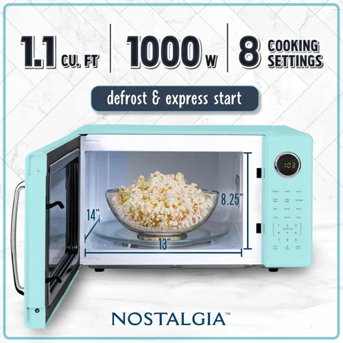 Miniatura 2 de Nostalgia Retro - Horno microondas de 1000W, capacidad de 1.1 pies cúbicos – Bloqueo de seguridad para niños, 8 ajustes de cocción automática