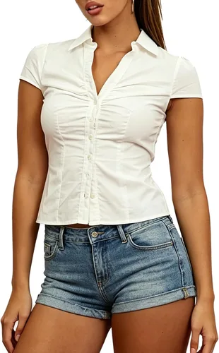Miniatura 7 de Blusa de Mujer con Cuello en V Fruncida Camisa con Botones Manga Casquillo con Cuello Ajustada para Trabajo Oficina Blusa de Verano Tops Elegantes