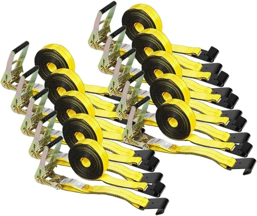 Miniatura 24 de Mytee Products Correas de amarre de trinquete con ganchos planos, 2 pulgadas x 20 pies amarillos 10,000 libras de resistencia a la rotura