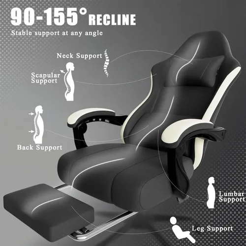 Miniatura 6 de Silla para juegos con respaldo alto de tela para computadora con cojín de resorte con bolsillos y reposapiés, silla de juego de altura ajustable