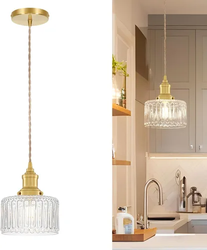 Luces colgantes vintage de 6.9 pulgadas para cocina con pantalla de vidrio transparente a rayas, luces colgantes de oro cepillado para isla de Dorado