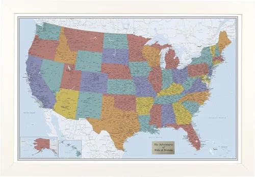Miniatura 52 de Push Pin Travel Maps Lienzo personalizado Blue Oceans USA con marco gris de madera de granero