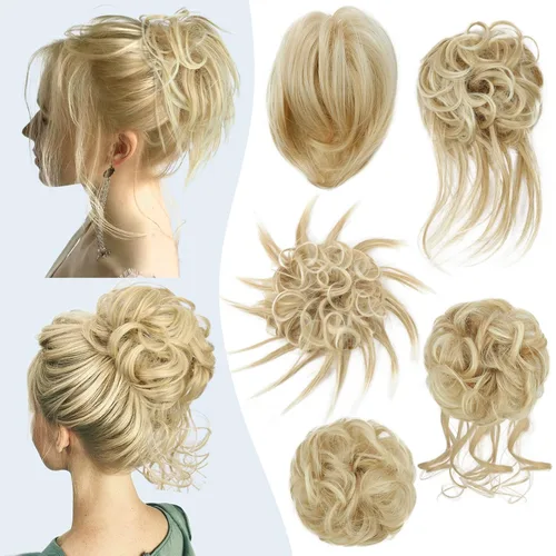 Miniatura 8 de HMD 5 piezas de moño despeinado para mujer, extensión de cabello con banda de goma elástica, extensión de cabello largo y desordenado, accesorios