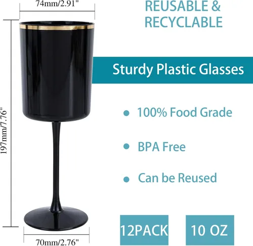 Miniatura 2 de Ciaell Paquete de 12 copas de vino de plástico negro de 10 onzas con tallo – Copas de vino desechables negras y doradas, perfectas para fiestas