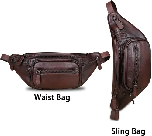 Miniatura 2 de Riñonera de cuero genuino Riñonera de cuero de vaca casual senderismo Sling Bag Crossbody Pecho Bolsas hombro Daypack, Café, Vintage