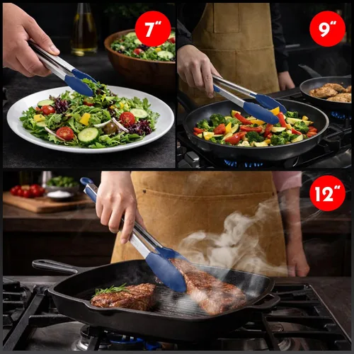 Miniatura 7 de Pinzas de cocina para cocinar con puntas de silicona, pinzas resistentes al calor para servir alimentos, 7 pulgadas, 9 pulgadas, 12 pulgadas, pinzas