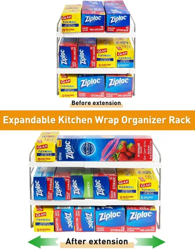 Miniatura 6 de Paquete de 2 organizadores de despensa y almacenamiento, organizador expandible de papel de aluminio y envoltura plástica, estante organizador
