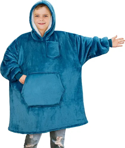 Miniatura 9 de PAVILIA Sudadera Manta Ponible para Niños y Niñas, Sudadera con Capucha Gigante Cálida y Acogedora, Forro Polar Sherpa con Capucha y Mangas de Gris