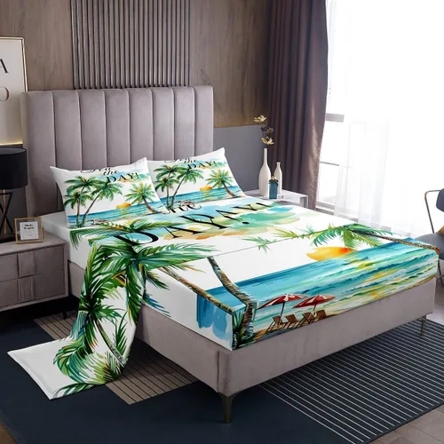 Miniatura 26 de Juego de sábanas de 3 piezas con diseño de playa oceánica, diseño de árbol de coco tropical, para decoración de habitación de niños, niñas, niños