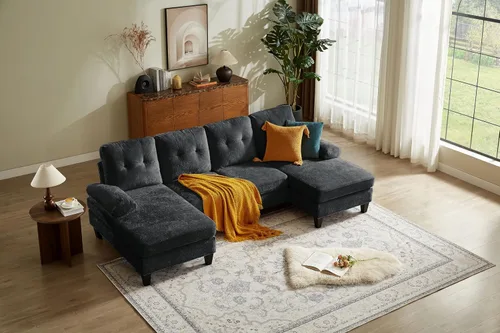 Miniatura 8 de Sofá modular de 111 pulgadas para sala de estar, sofá en forma de U de 4 plazas con doble diván de fibra de lino de poliéster, beige Gris claro