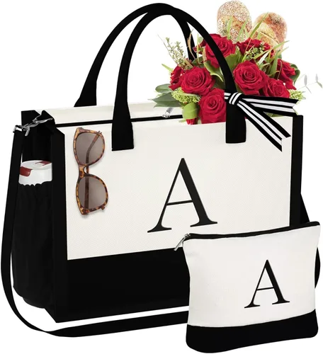 YOOLIFE Regalos de Navidad para Mujeres - Bolsa Tote con Inicial y Bolsa de Maquillaje, Rellenos de Calcetín Navideño para Mujeres Mamá Esposa