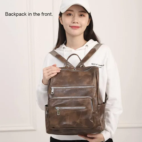 Miniatura 4 de Mochila para mujer, bolso de viaje de moda multiusos de cuero de la PU retro, Mochilas Daypack, M, Marrón