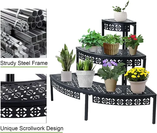 Miniatura 5 de Soporte para plantas de 3 niveles semicircular, estante organizador de macetas de flores de un cuarto redondo, soporte de exhibición de plantas al