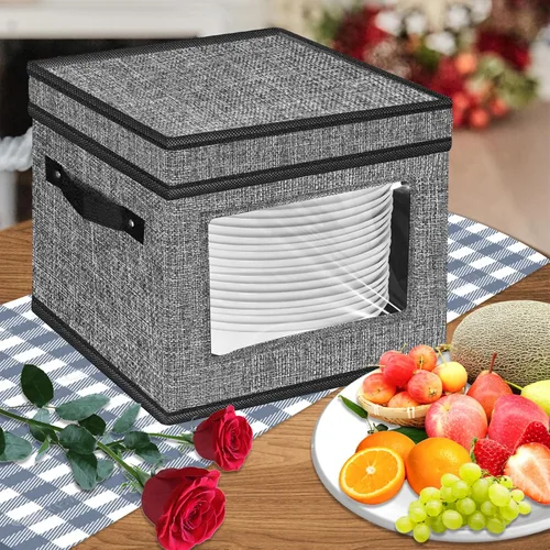 Miniatura 7 de homyfort Contenedores de almacenamiento de China con tapa y asas, caja de almacenamiento de vajilla para platos con 12 separadores de fieltro