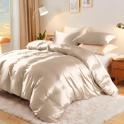 Miniatura 2 de Vonty Juego de Funda de Edredón de Satén Sedoso de 3 Piezas Tamaño Full/Queen, Juego de Funda de Edredón Beige Natural Orgánico 400TC - Ropa de Cama