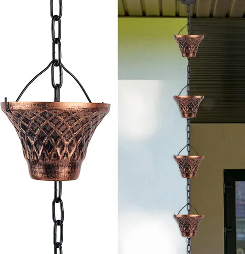 Miniatura 8 de Cadenas de lluvia para canaletas exteriores, atrapadores de lluvia, desviador de metal azul a cuadros decorativos para exteriores, 8.5 pies