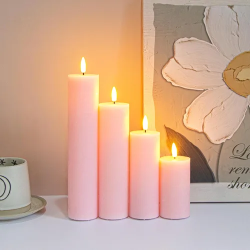 Miniatura 6 de Velas de pilar sin llama parpadeantes con control remoto y temporizador de ciclo, rosa Juego de 4 velas eléctricas falsas de 3D-Mecha alta operadas
