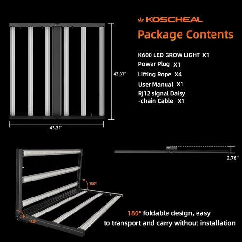 Miniatura 7 de KOSCHEAL Luz LED plegable K640 de 640 W, lámpara de planta de espectro completo con 2.95 µmol/J y 660nm rojo, controlador y atenuador Inventronics