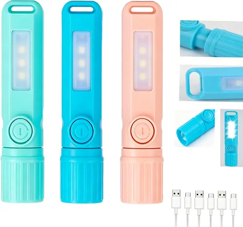 Paquete de 3 linternas recargables USB C mini linternas LED, combo de linterna de camping, linterna ultraligera con zoom para regalo, camping,