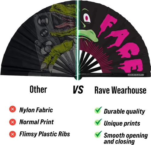 Miniatura 6 de Rave Wearhouse Rave Fan - Ventilador de mano plegable de bambú grande con brillo UV para hombres/mujeres, fanáticos para EDM, festival de música