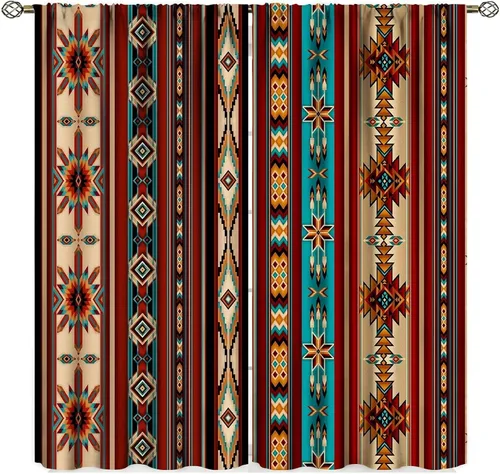 Miniatura 12 de Cortinas aztecas, patrón étnico tribal nativo del suroeste, estilo bohemio occidental, geométrico, tratamientos de ventana para sala de estar, juego