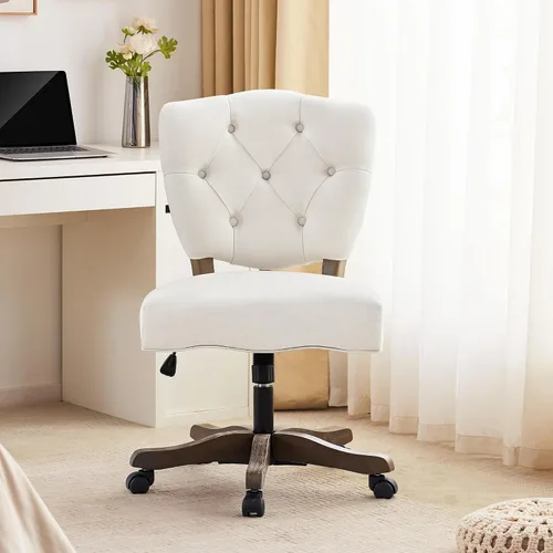Miniatura 6 de HUIMO Silla de escritorio giratoria tapizada de tela copetuda de felpilla con ruedas, altura ajustable, silla clásica de tareas con patas de madera