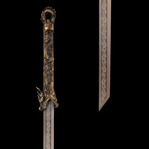 Miniatura 4 de Hoja de acero al carbono recta hecha a mano con patrón fresco chino Tang Dao Dragon Sword Dorado