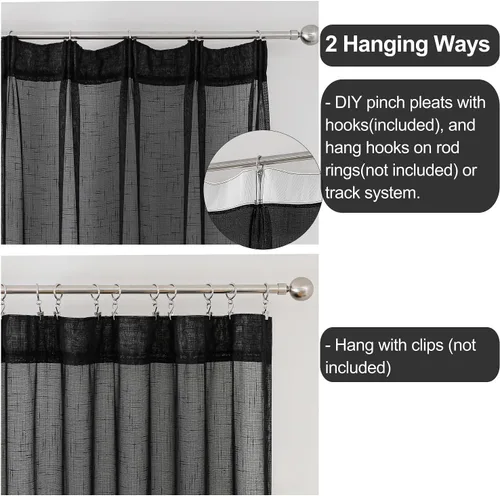 Miniatura 2 de Cortinas plisadas negras traslúcidas de 84 pulgadas de largo, 2 paneles para dormitorio, lino texturizado, ganchos transparentes para pista
