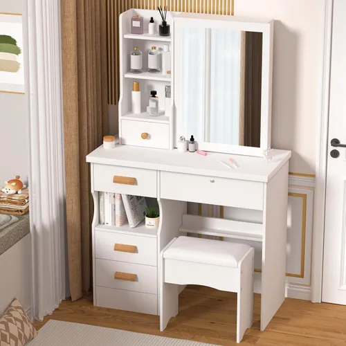 Miniatura 10 de Escritorio de tocador con espejo, tocador de maquillaje con silla, tocador, escritorio blanco con 6 cajones y estantes de almacenamiento, Tocadores