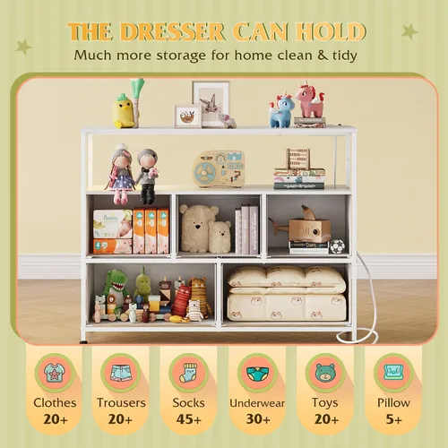 Miniatura 5 de WLIVE Cómoda blanca para dormitorio, cómoda de 5 cajones con estación de carga, cómoda de tela con estantes abiertos, cómoda de almacenamiento