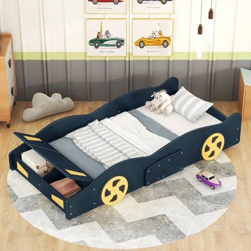 Miniatura 12 de CITYLIGHT Camas de automóvil de tamaño matrimonial para niños, marco de cama matrimonial en forma de auto de carreras con ruedas y almacenamiento