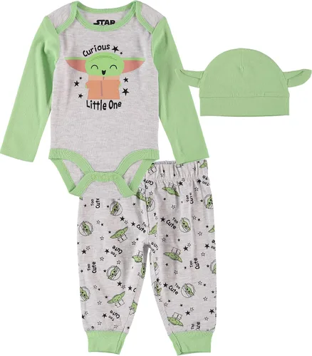 STAR WARS Mandalorian The Child Baby Boys Baby Yoda - Conjunto de tres piezas - Ropa para bebé niño con mameluco, pantalones y sombrero