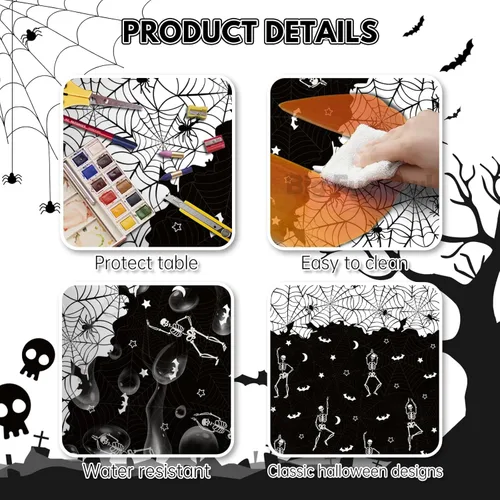 Miniatura 3 de 3 manteles desechables de Halloween con diseño de calavera y esqueleto, de plástico, color negro, rectangular, de vinilo, para decoración de fiestas