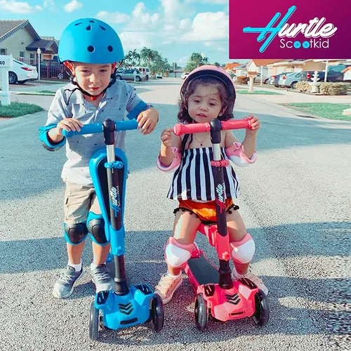 Miniatura 7 de Hurtle Patinete de 3 ruedas para niños, luces LED de ruedas, manubrio ajustable de inclinación para dirigir y asiento plegable, paseo sentado
