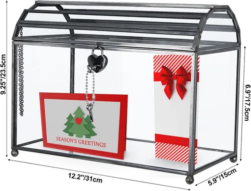 Miniatura 2 de HighFree Caja grande de cristal para tarjetas de boda de 12.2 pulgadas con ranura y cerradura, terrario geométrico de cobre hecho a mano, caja