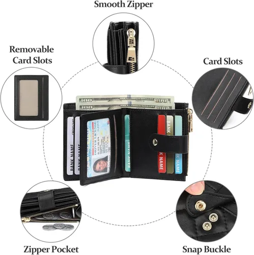 Miniatura 5 de GAEKEAO Cartera pequeña para mujer, de dos pliegues con bloqueo RFID, estuche para tarjetas de crédito con bolsillo con cremallera, A-Negro, Classic