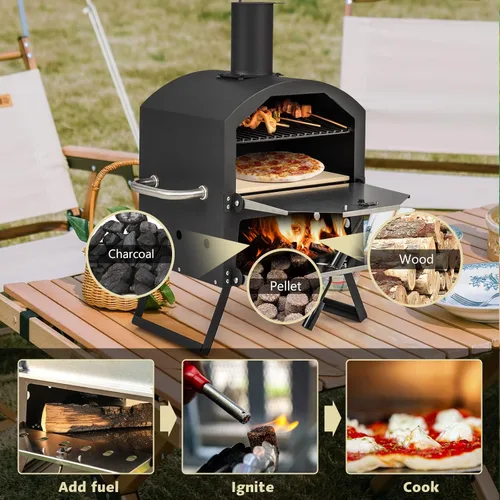 Miniatura 4 de COSTWAY Horno de Pizza de Picnic para Exteriores, Piedra de Fuego de Leña con Pala, Cubierta Impermeable, Patas Plegables, Fabricador de Pizza