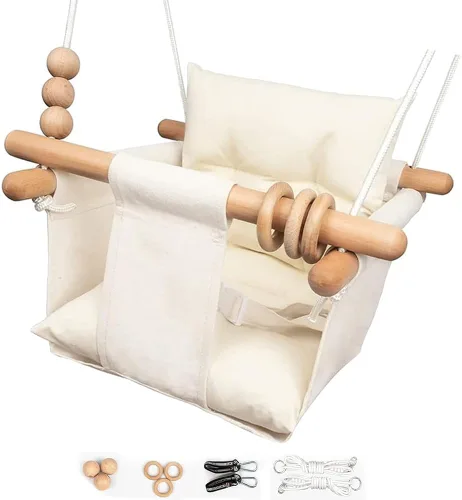 Columpio para Bebé Interior y Exterior Asiento de Columpio para Niños Pequeños con Cinturón de Seguridad, Columpios Colgantes de Lona Exterior Crema