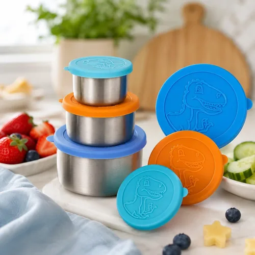 Miniatura 7 de Recipientes de acero inoxidable de dinosaurio para niños pequeños, loncheras, tapas de silicona antiderrames, almacenamiento de alimentos de metal