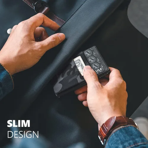 Miniatura 46 de VULKIT Billetera minimalista con ventana de identificación y bolsillo EDC con bolsillo desplegable para tarjetas de crédito y bloqueo RFID, diseño