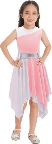 Oyolan Vestido de baile de alabanza lírica de un hombro para niñas y niñas, sin mangas, bloque de color, túnica litúrgica para adoración