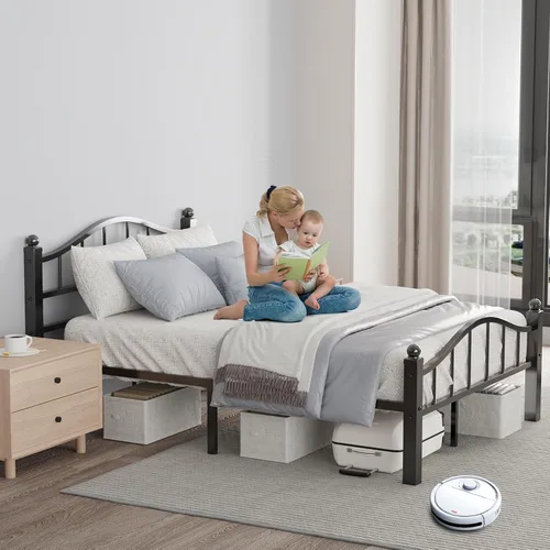 Miniatura 5 de Marco de cama de tamaño completo con cabecero, diseño libre de ruido y espacio de almacenamiento debajo de la cama, marco de cama de metal Negro
