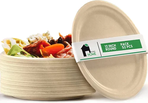 EconoHome Platos de papel compostables de 12 pulgadas (paquete de 50) – Bandeja desechable ecológica hecha de bagazo o fibra de caña de azúcar –