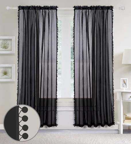 Elegant Comfort Cortina con pompones, 60 pulgadas, color negro, lujosa cortina transparente con borlas con bolsillo para barra de 2 pulgadas,