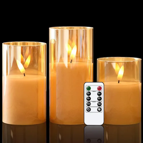 GenSwin Velas de cristal sin llama que funcionan con pilas y temporizador remoto, velas LED sin llama parpadeantes de mecha 3D, cera real para