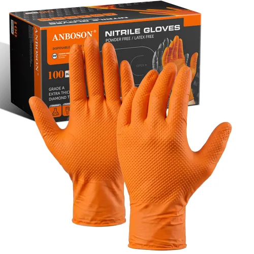 ANBOSON Guantes de nitrilo desechables de 10 mil de goma naranja resistente a los productos químicos, guantes de mecánico resistentes, sin látex,